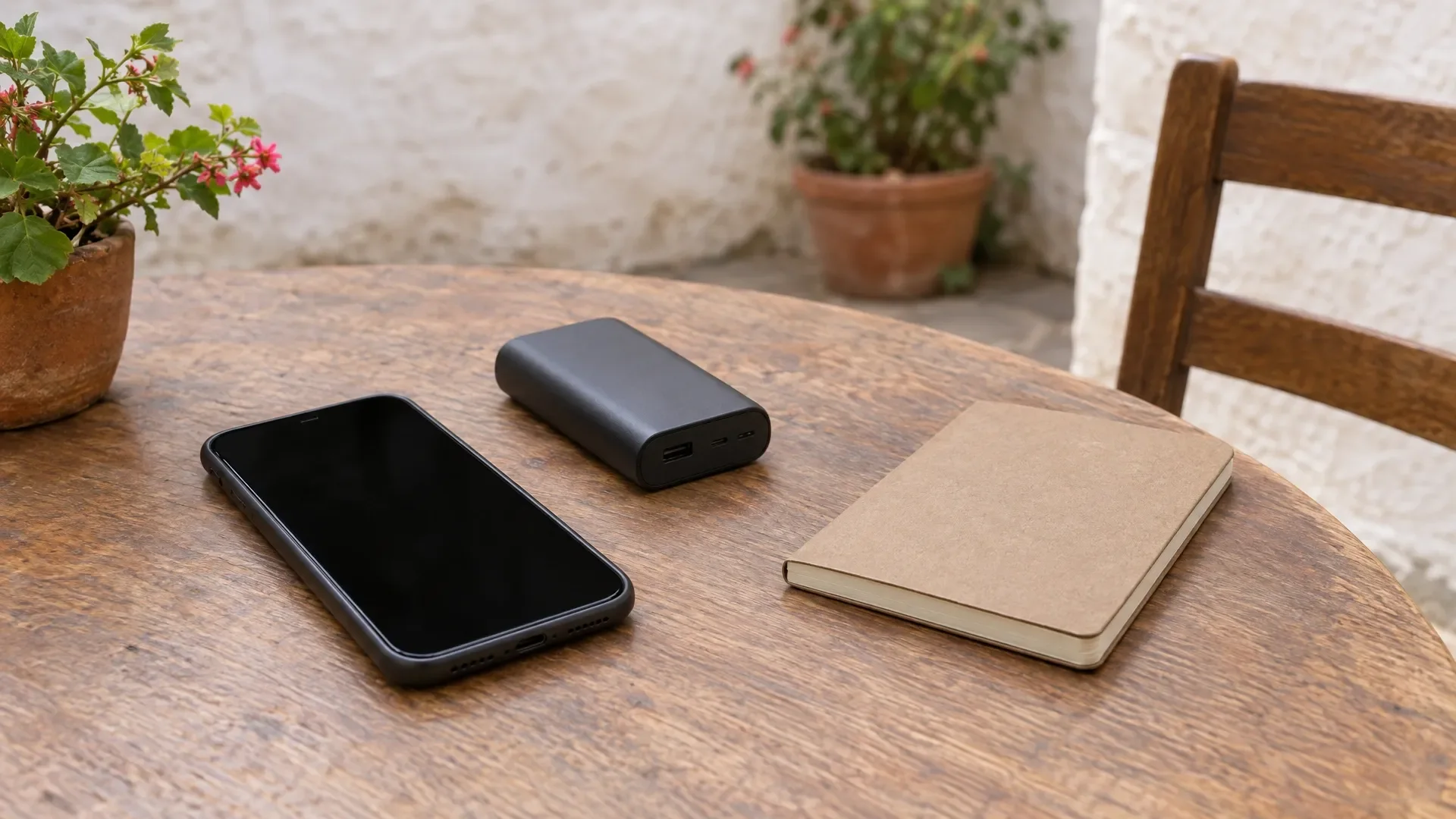 Illustratie van een telefoon, powerbank en notitieboek op een tafel.