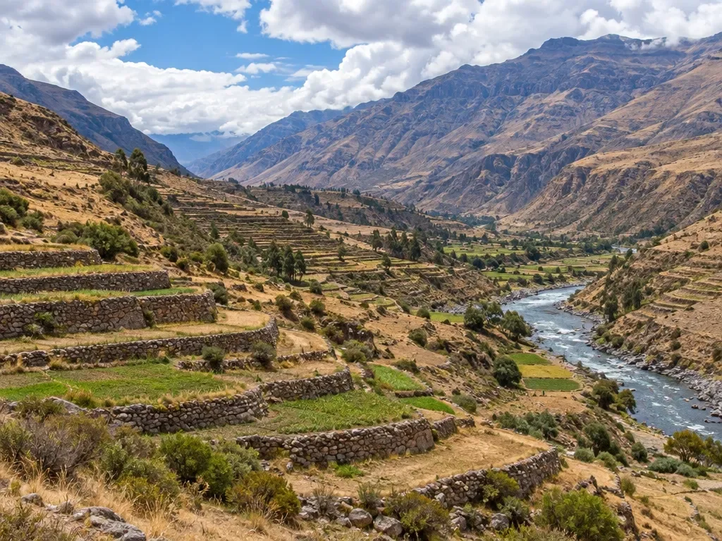 AI-sfeerbeeld van landbouwterrassen en een rivier, geïnspireerd op de Colcavallei