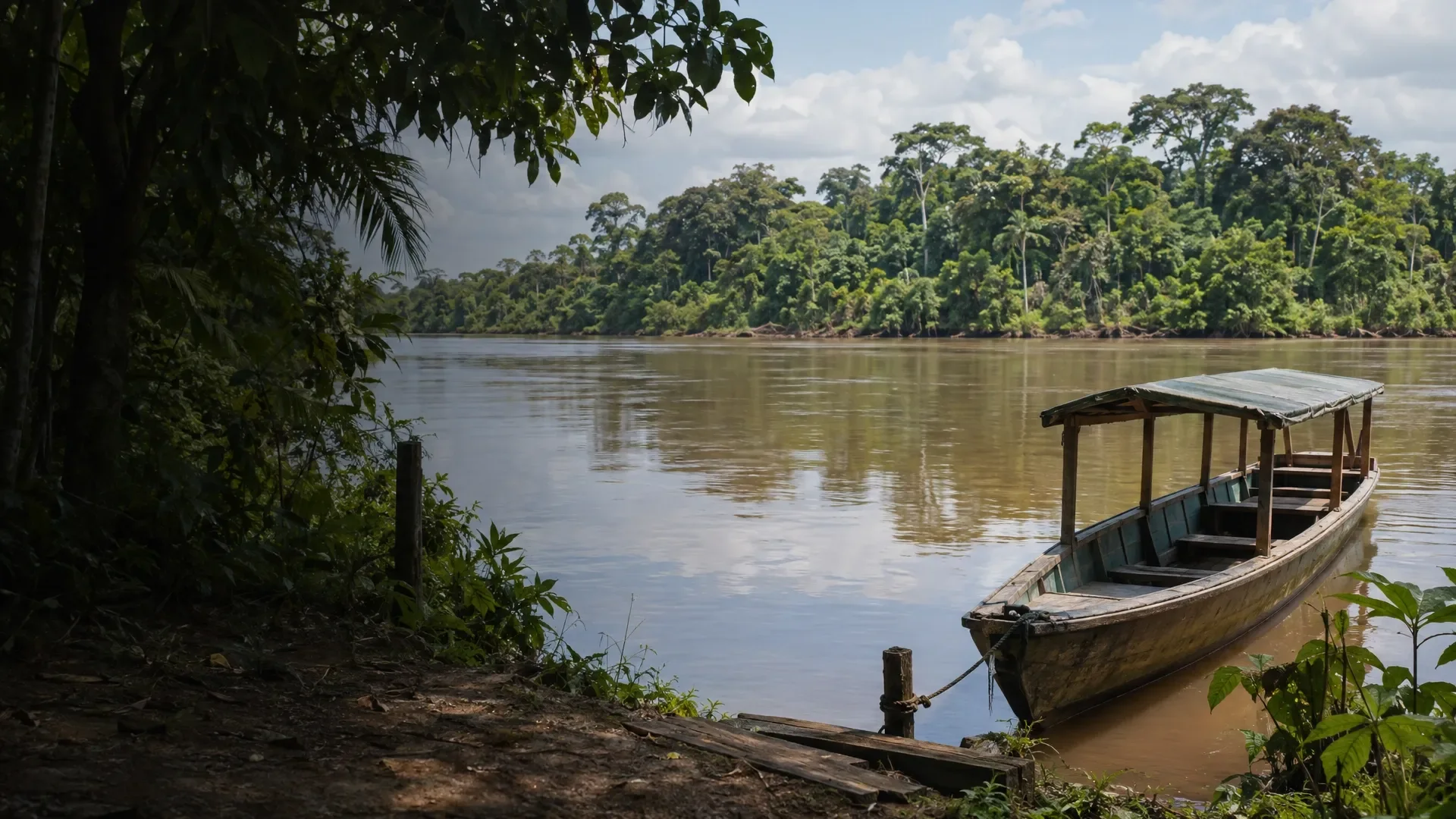 AI-gegenereerd sfeerbeeld: Een lege boot op een rivier langs Amazonebos.